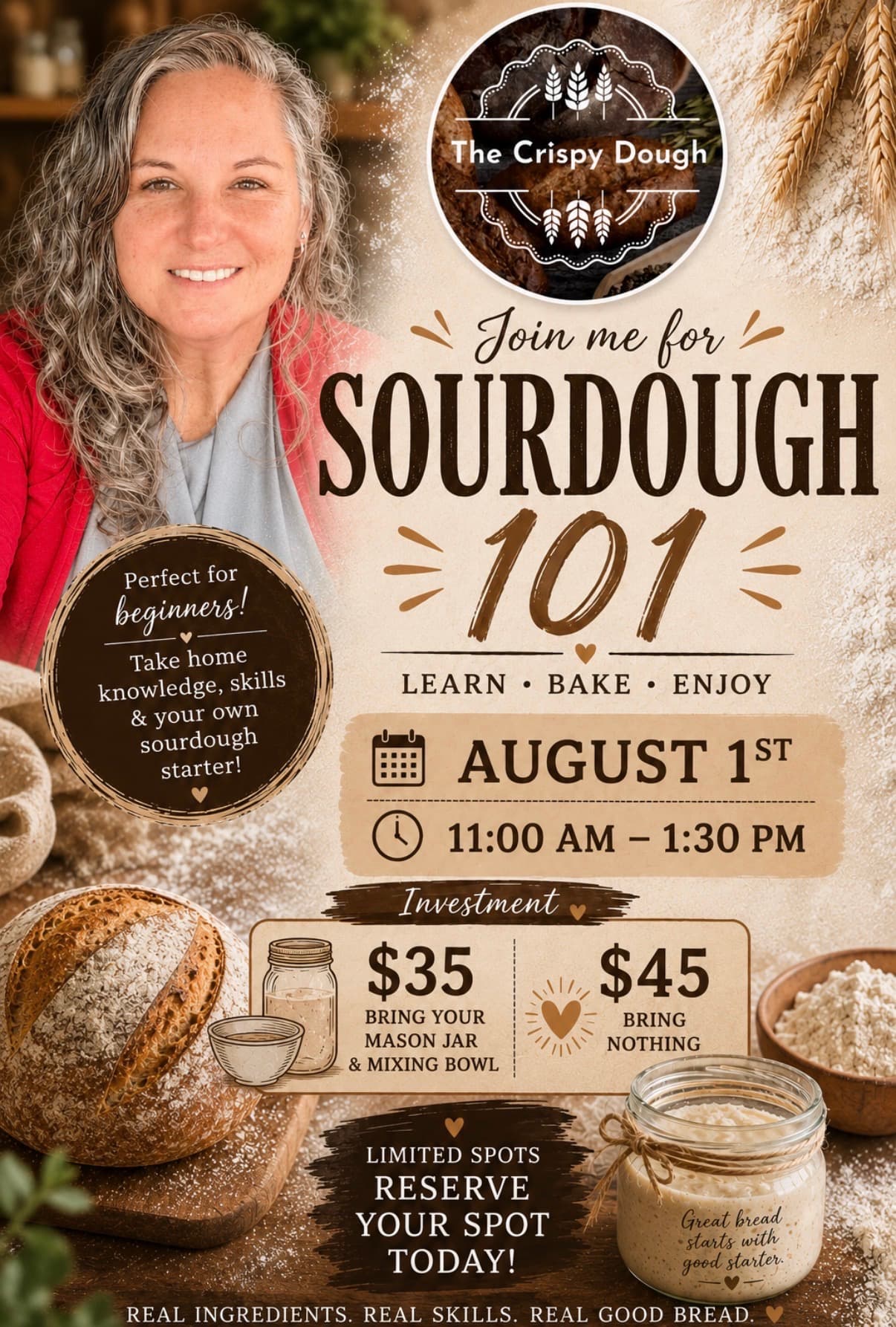 Sourdough 101 class flyer — August 1st, 11:00 AM to 1:30 PM, hosted by The Crispy Dough